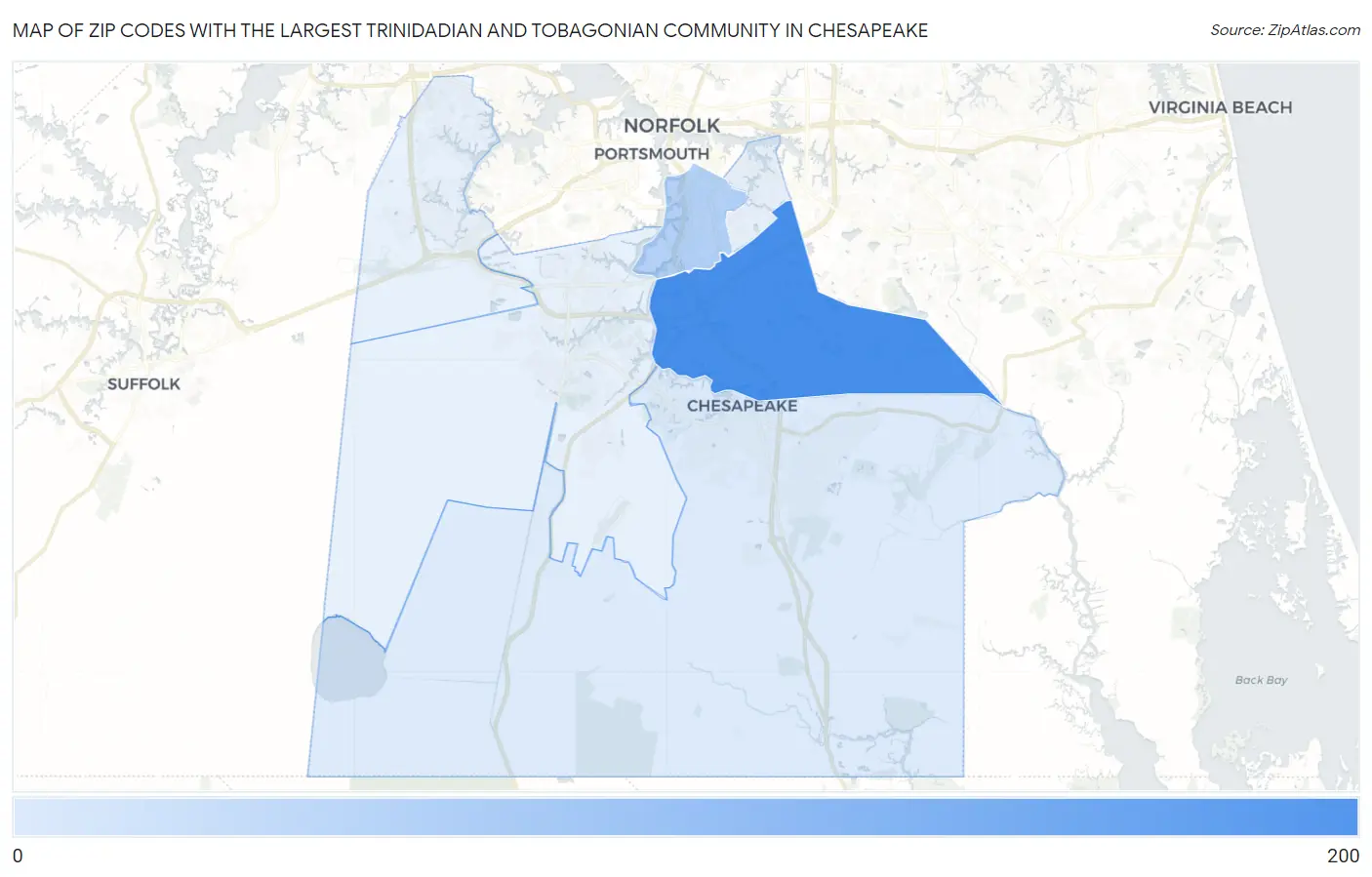 Zip Codes with the Largest Trinidadian and Tobagonian Community in Chesapeake Map