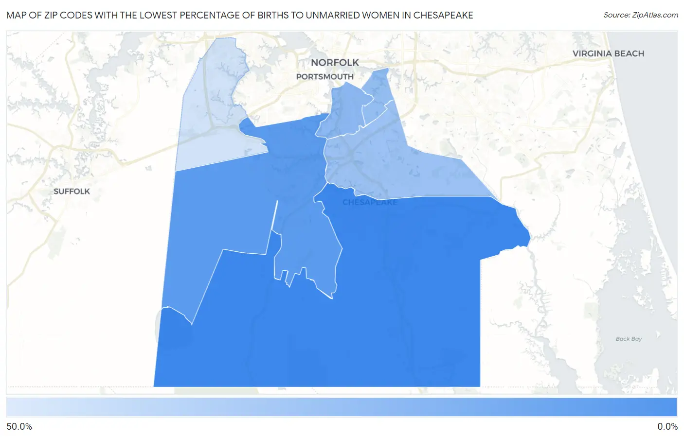 Zip Codes with the Lowest Percentage of Births to Unmarried Women in Chesapeake Map