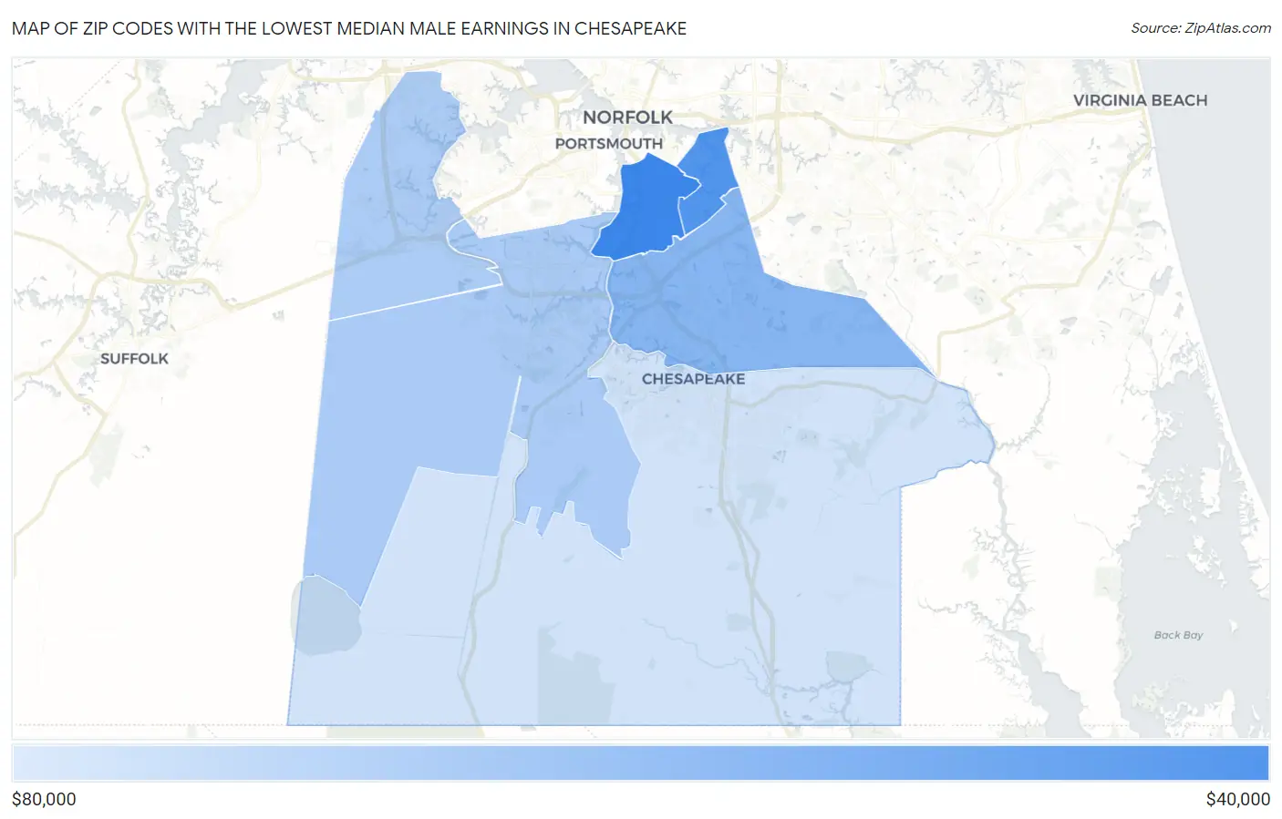 Zip Codes with the Lowest Median Male Earnings in Chesapeake Map