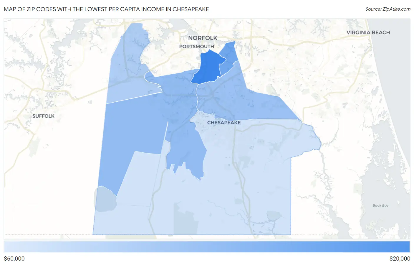 Zip Codes with the Lowest Per Capita Income in Chesapeake Map