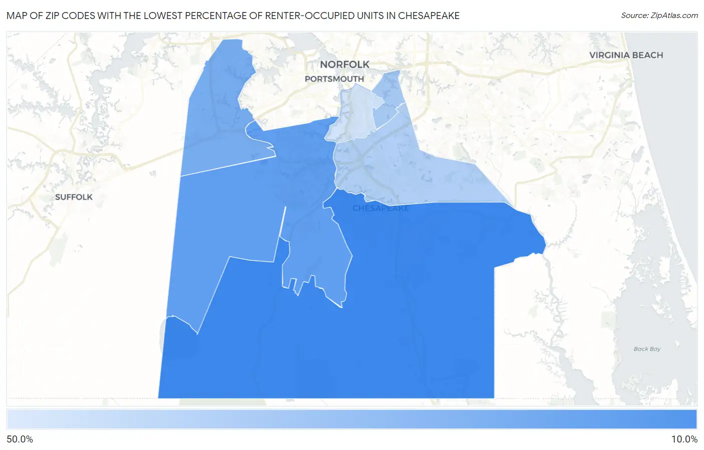 Zip Codes with the Lowest Percentage of Renter-Occupied Units in Chesapeake Map