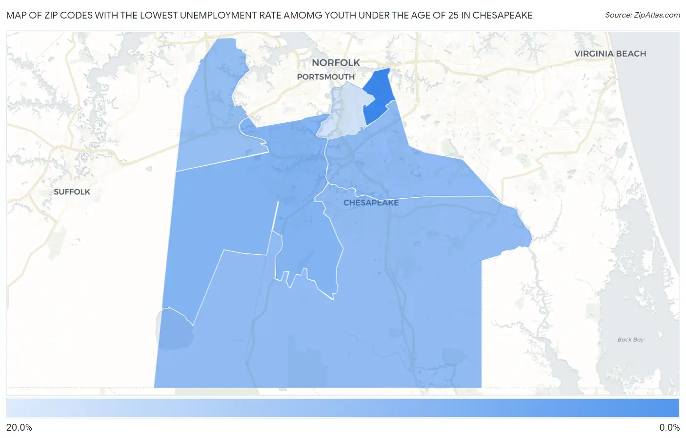 Zip Codes with the Lowest Unemployment Rate Amomg Youth Under the Age of 25 in Chesapeake Map