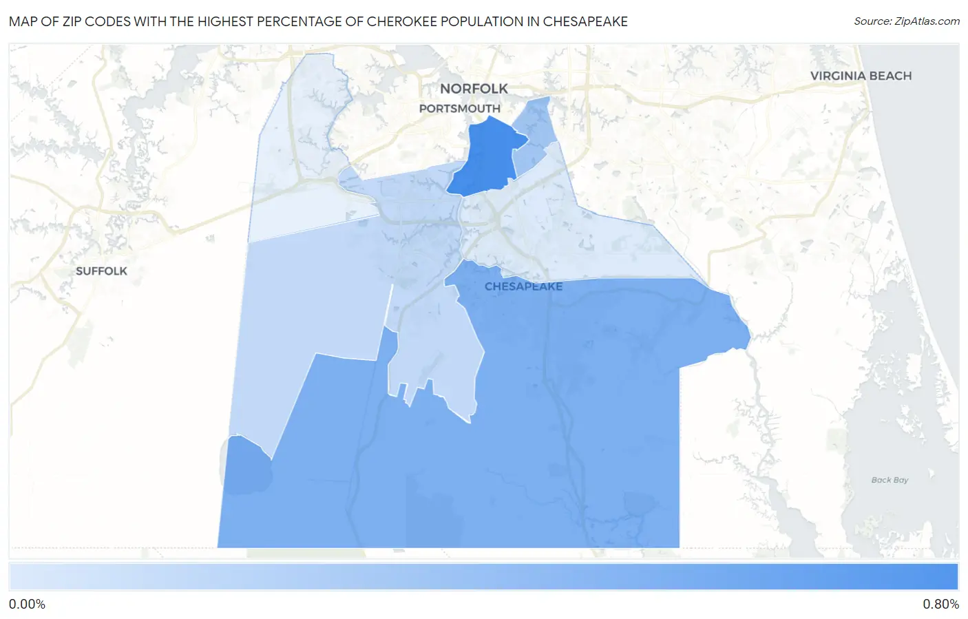 Zip Codes with the Highest Percentage of Cherokee Population in Chesapeake Map