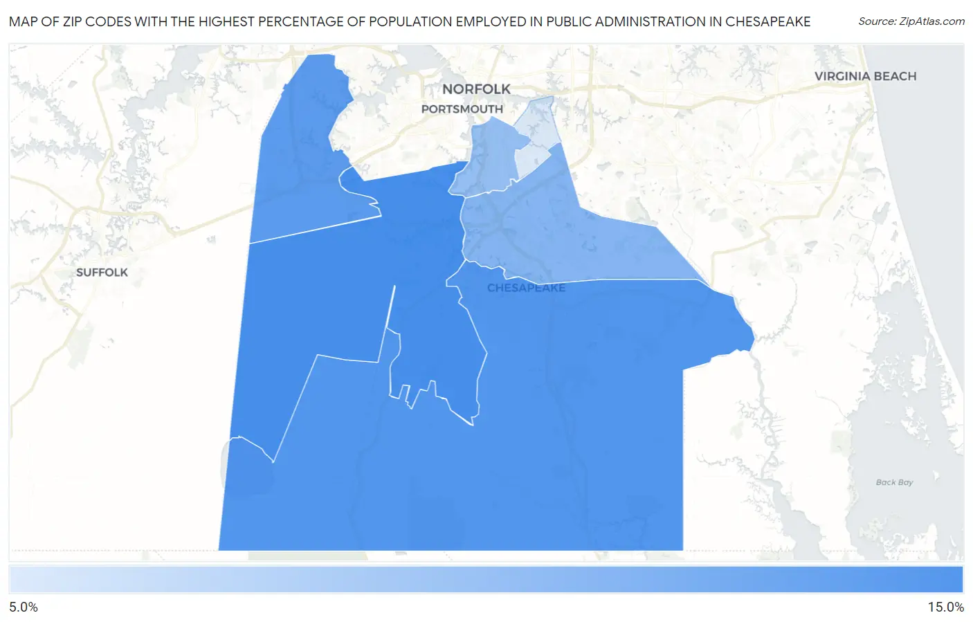 Zip Codes with the Highest Percentage of Population Employed in Public Administration in Chesapeake Map