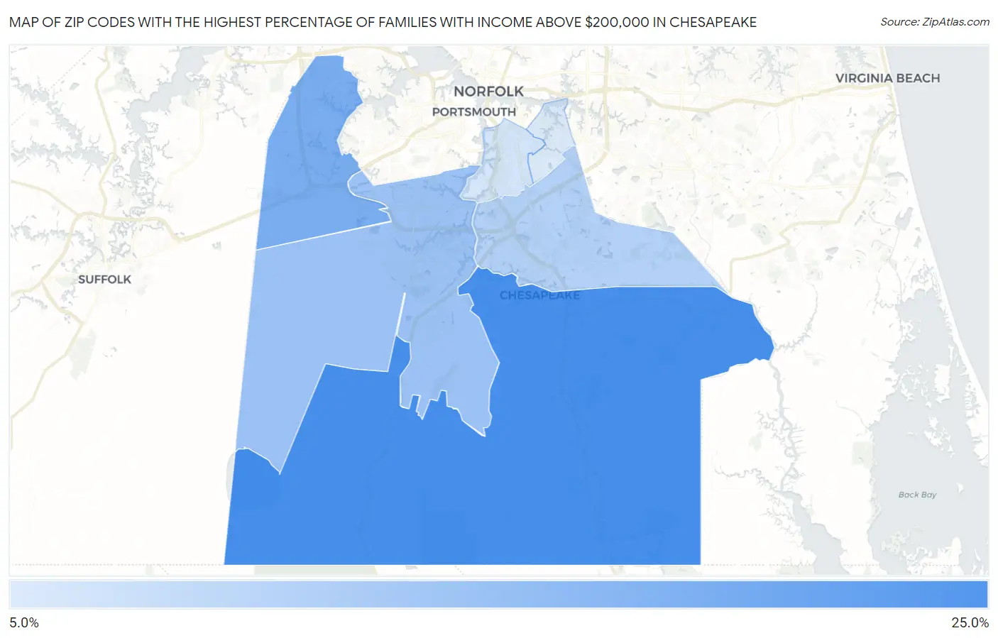 Zip Codes with the Highest Percentage of Families with Income Above $200,000 in Chesapeake Map