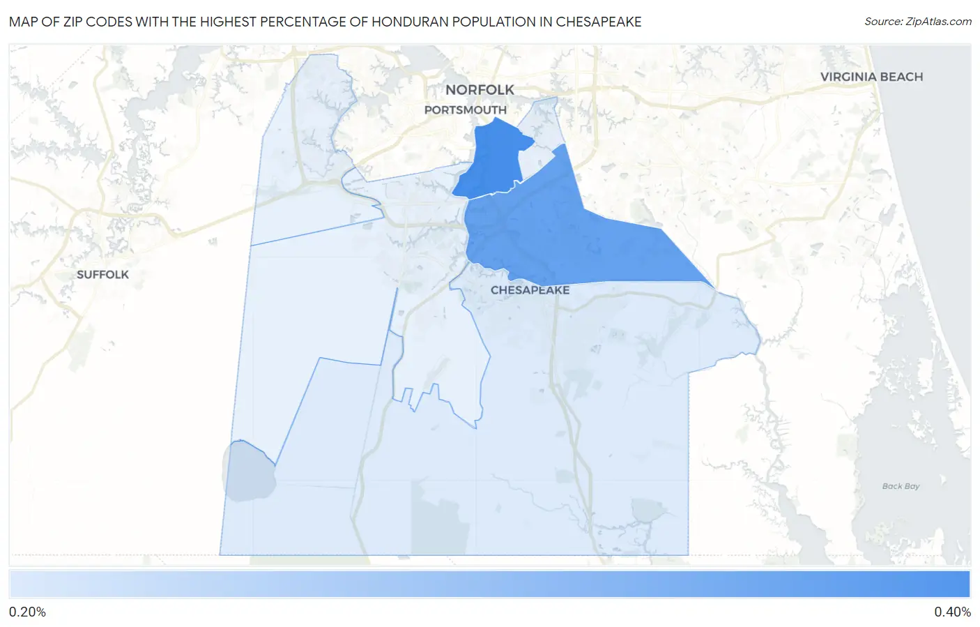 Zip Codes with the Highest Percentage of Honduran Population in Chesapeake Map