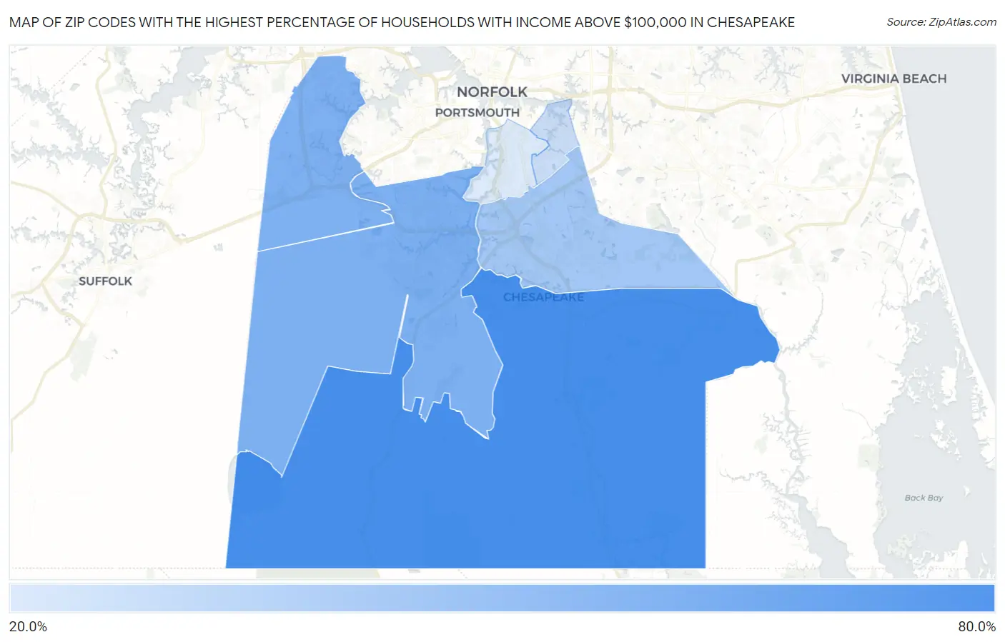 Zip Codes with the Highest Percentage of Households with Income Above $100,000 in Chesapeake Map