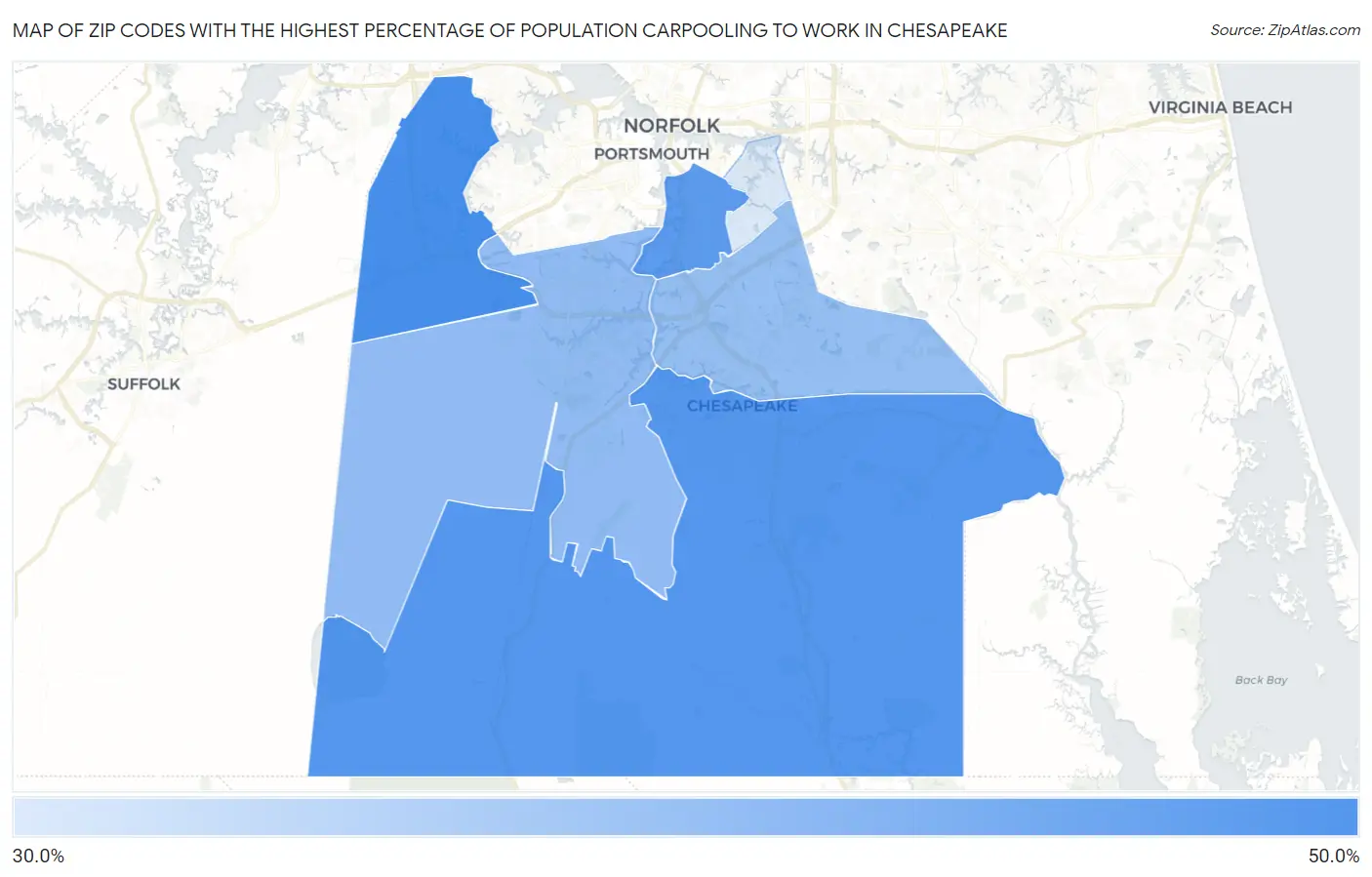 Zip Codes with the Highest Percentage of Population Carpooling to Work in Chesapeake Map