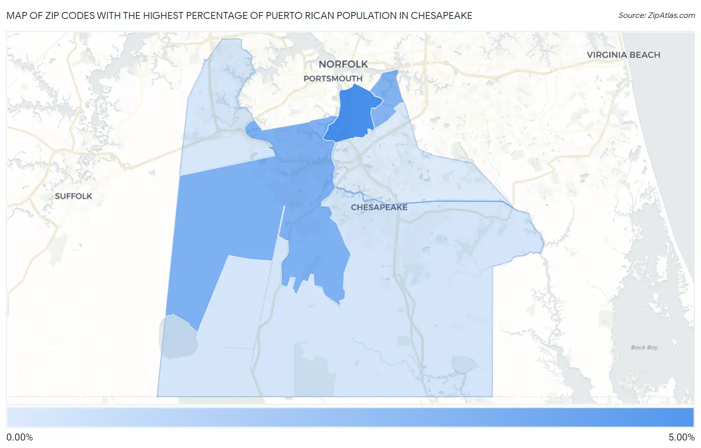 Zip Codes with the Highest Percentage of Puerto Rican Population in Chesapeake Map