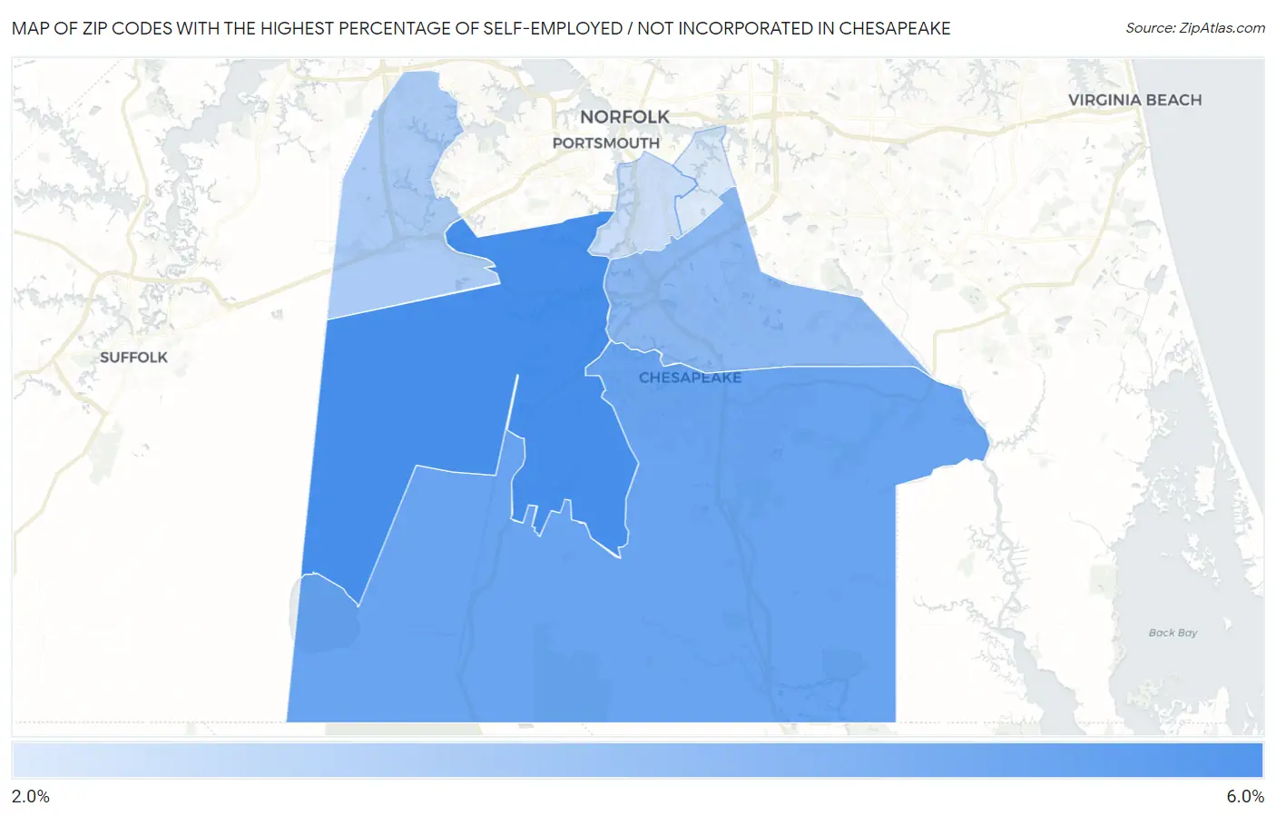 Zip Codes with the Highest Percentage of Self-Employed / Not Incorporated in Chesapeake Map