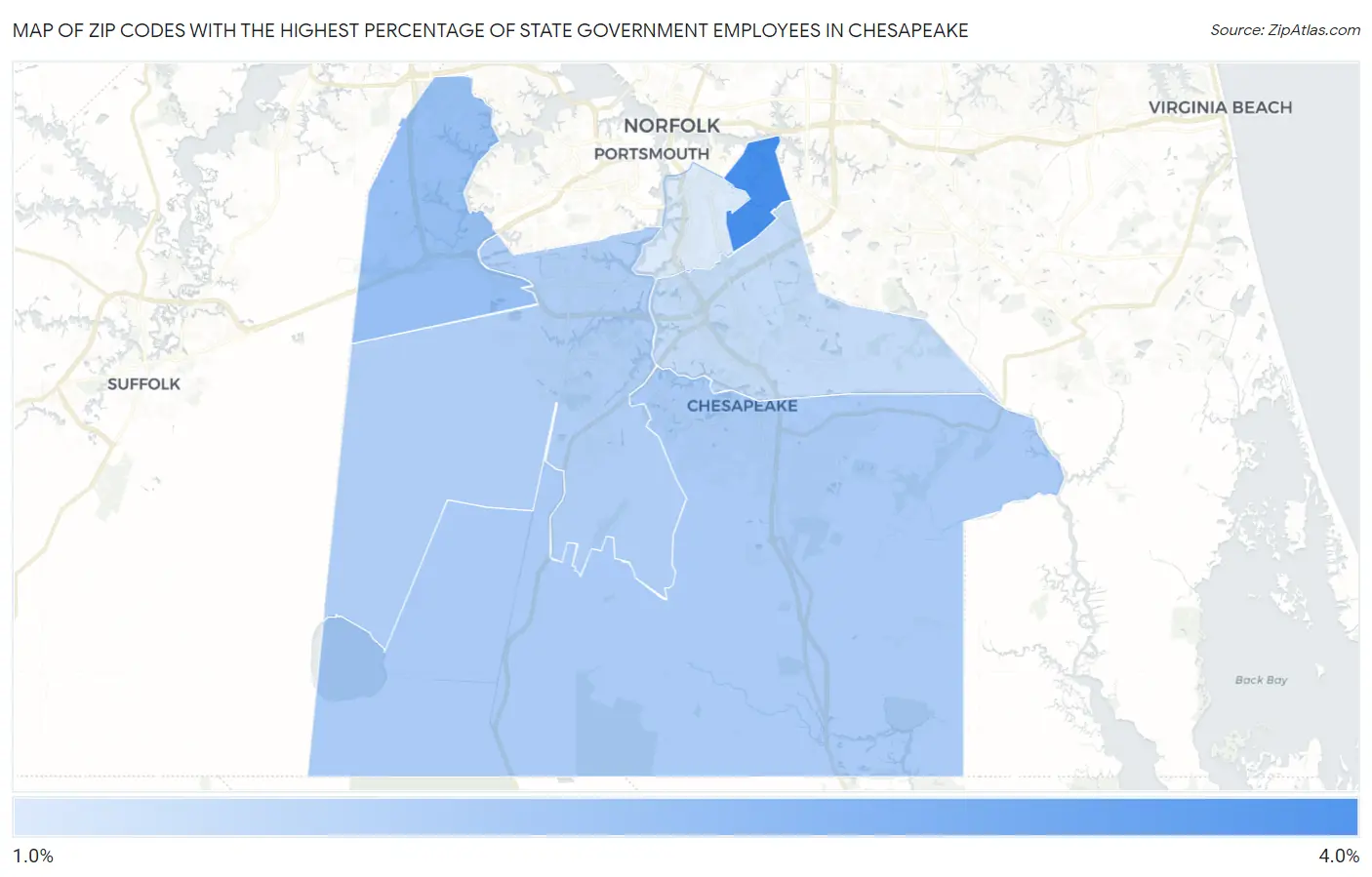 Zip Codes with the Highest Percentage of State Government Employees in Chesapeake Map
