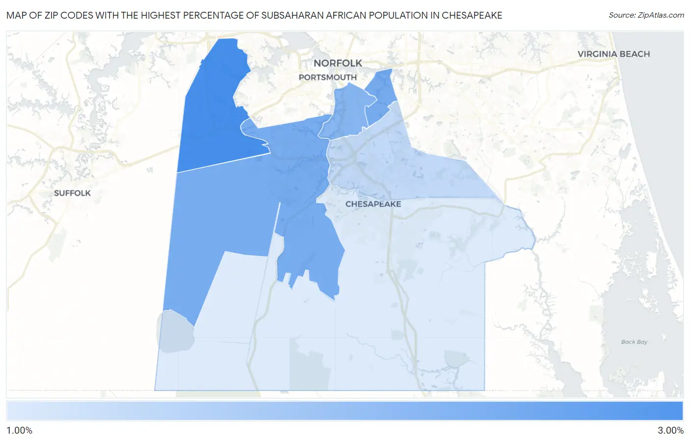 Zip Codes with the Highest Percentage of Subsaharan African Population in Chesapeake Map