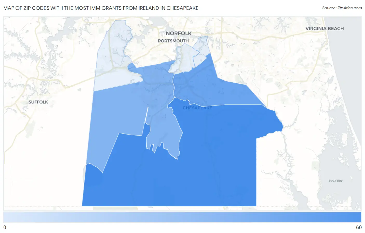 Zip Codes with the Most Immigrants from Ireland in Chesapeake Map