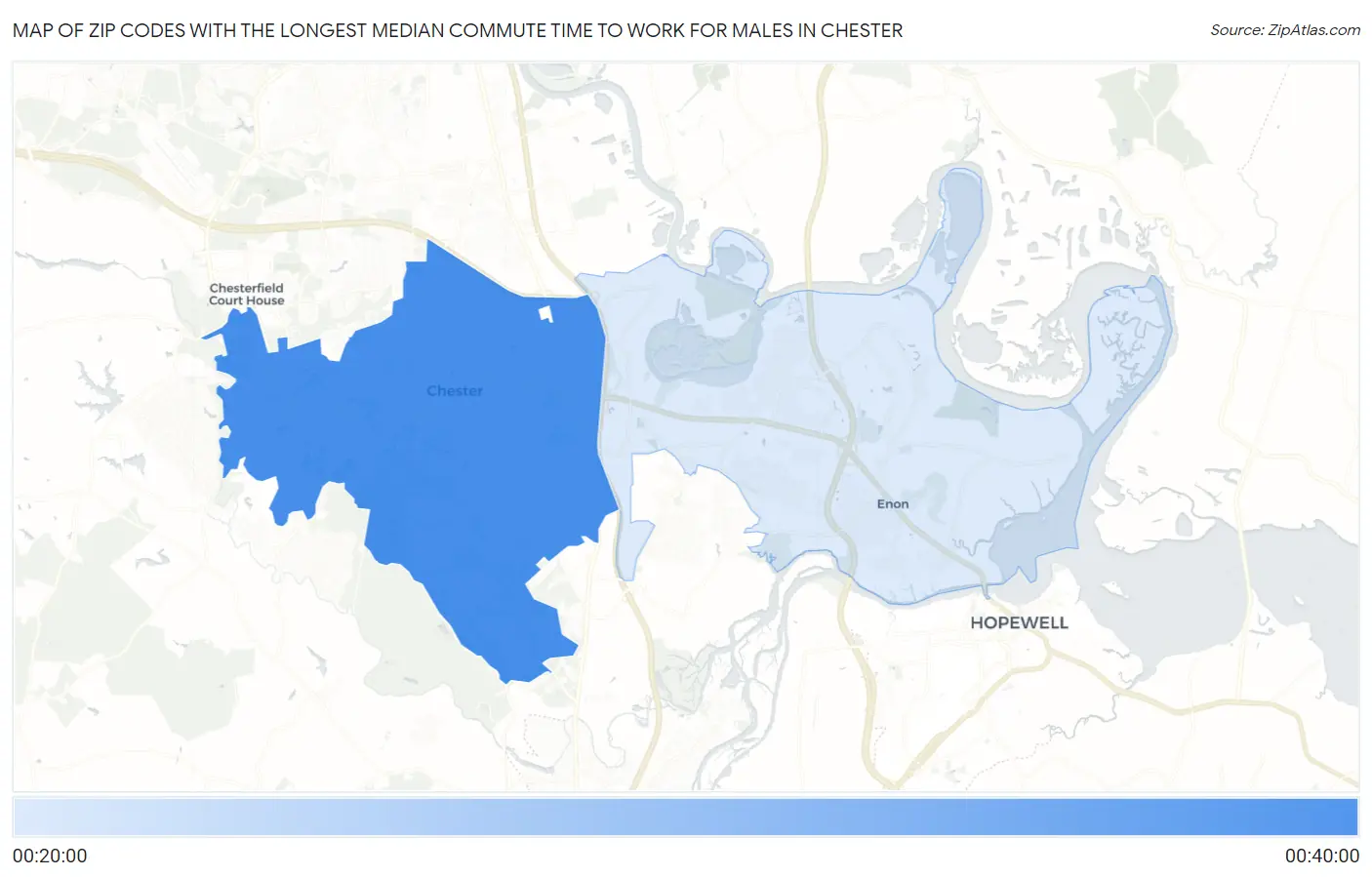 Zip Codes with the Longest Median Commute Time to Work for Males in Chester Map