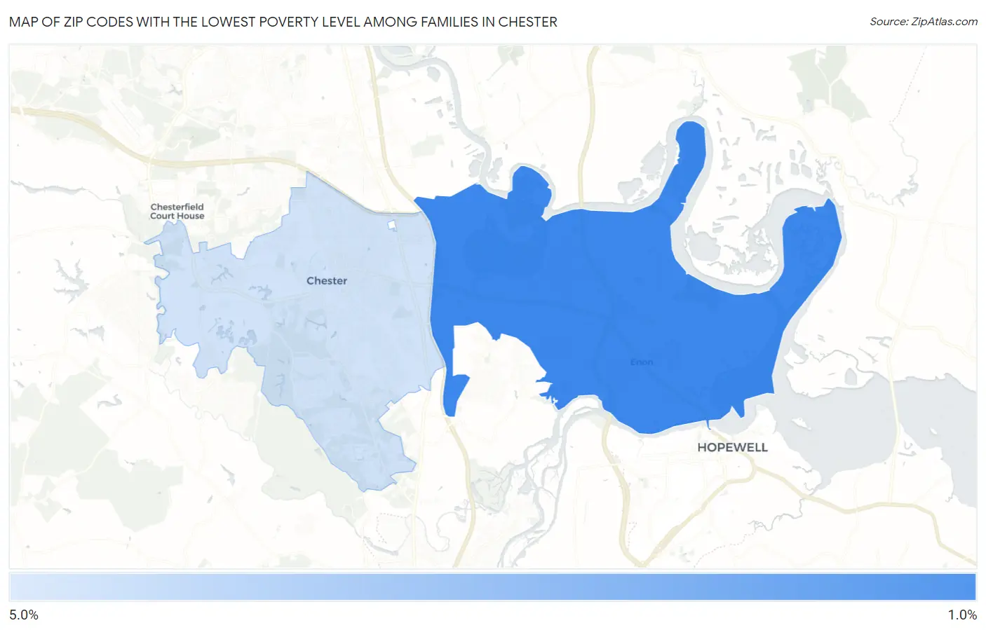 Zip Codes with the Lowest Poverty Level Among Families in Chester Map