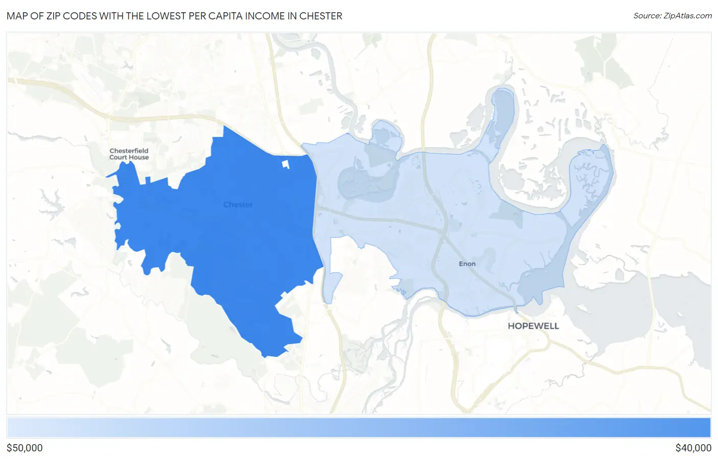 Zip Codes with the Lowest Per Capita Income in Chester Map