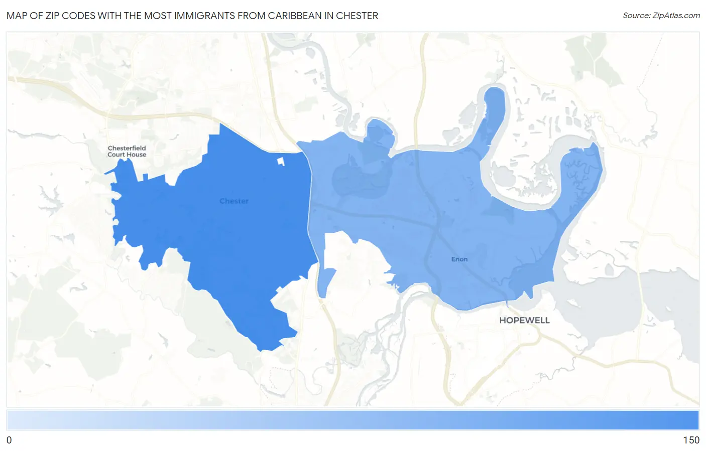 Zip Codes with the Most Immigrants from Caribbean in Chester Map