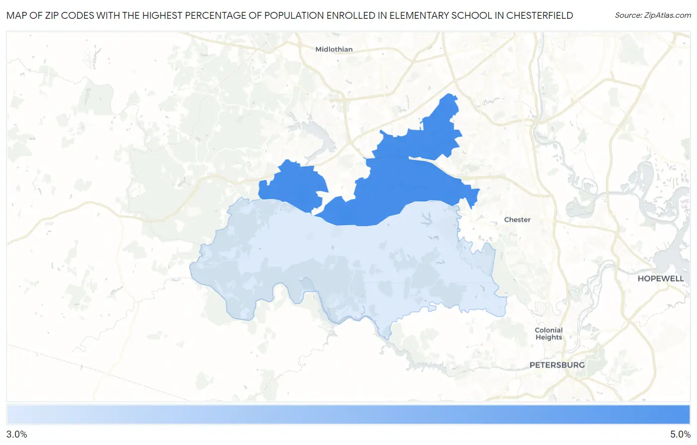 Zip Codes with the Highest Percentage of Population Enrolled in Elementary School in Chesterfield Map