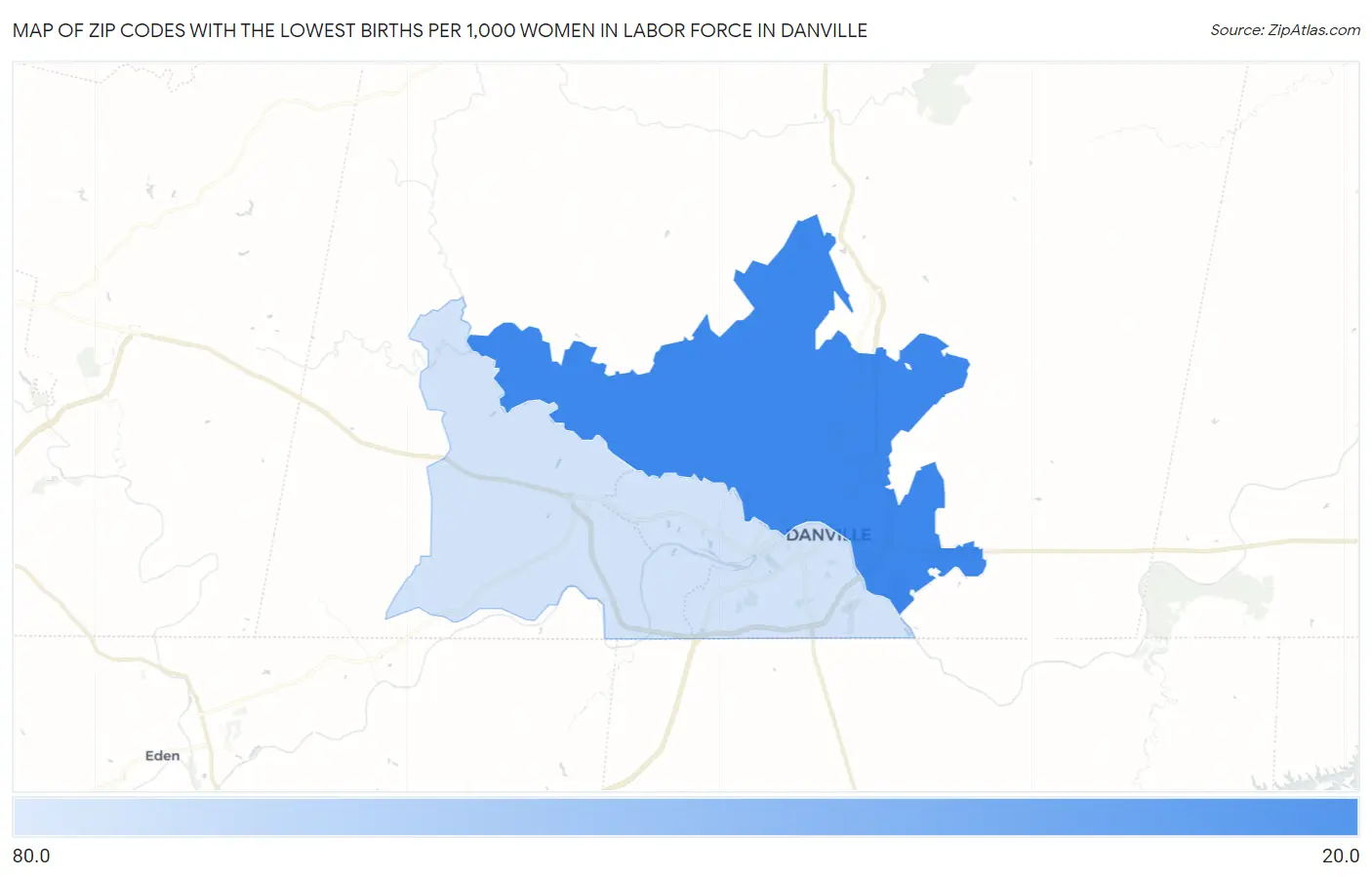 Zip Codes with the Lowest Births per 1,000 Women in Labor Force in Danville Map