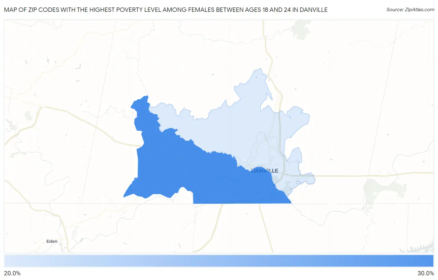 Zip Codes with the Highest Poverty Level Among Females Between Ages 18 and 24 in Danville Map