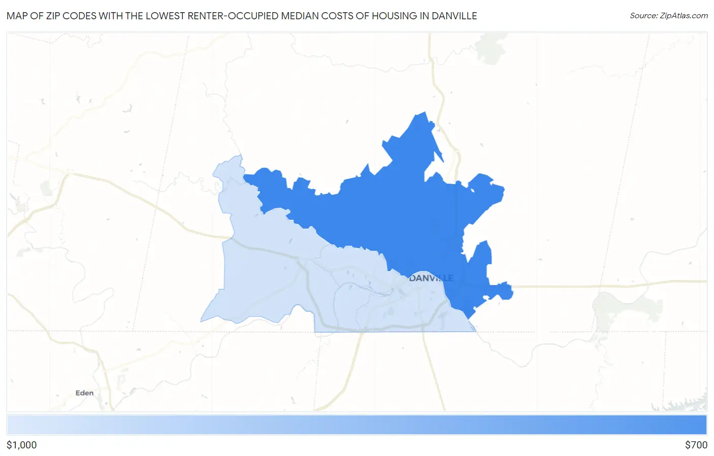 Zip Codes with the Lowest Renter-Occupied Median Costs of Housing in Danville Map