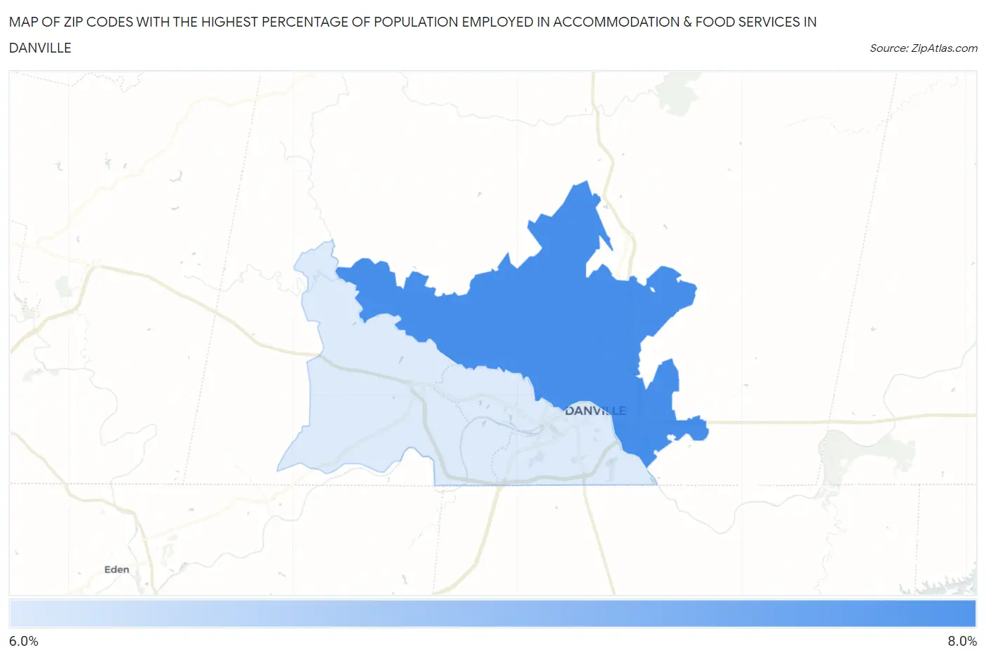 Zip Codes with the Highest Percentage of Population Employed in Accommodation & Food Services in Danville Map