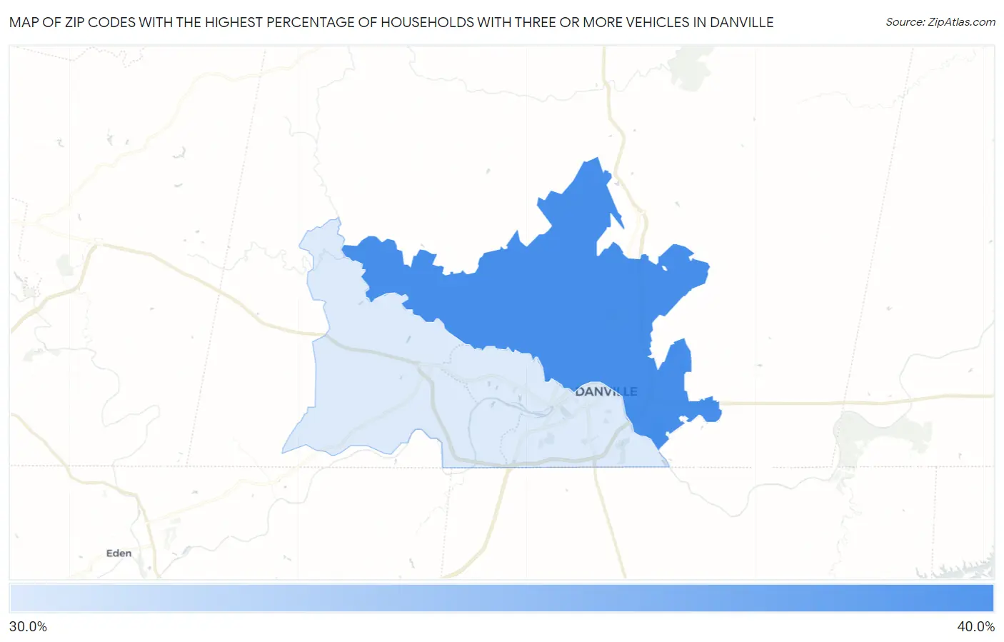 Zip Codes with the Highest Percentage of Households With Three or more Vehicles in Danville Map