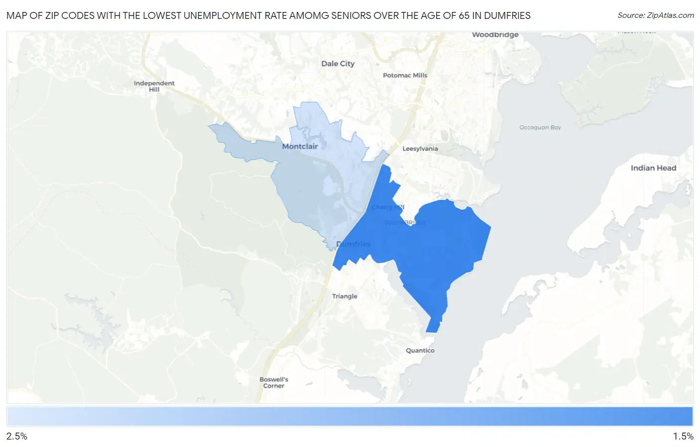 Zip Codes with the Lowest Unemployment Rate Amomg Seniors Over the Age of 65 in Dumfries Map