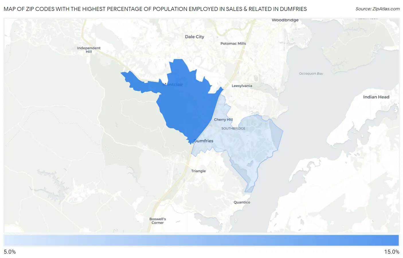 Zip Codes with the Highest Percentage of Population Employed in Sales & Related in Dumfries Map