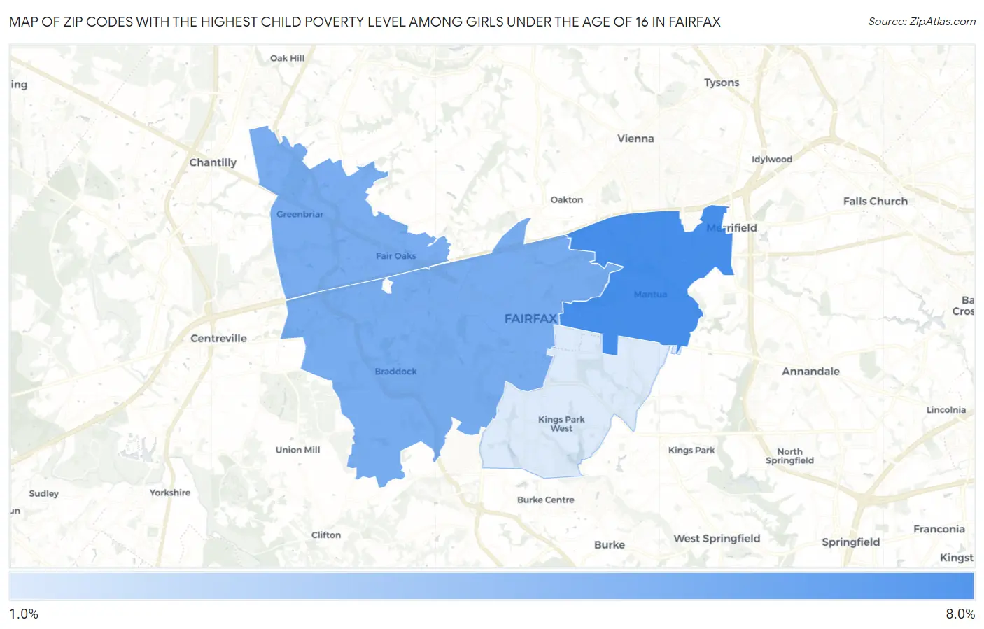 Zip Codes with the Highest Child Poverty Level Among Girls Under the Age of 16 in Fairfax Map