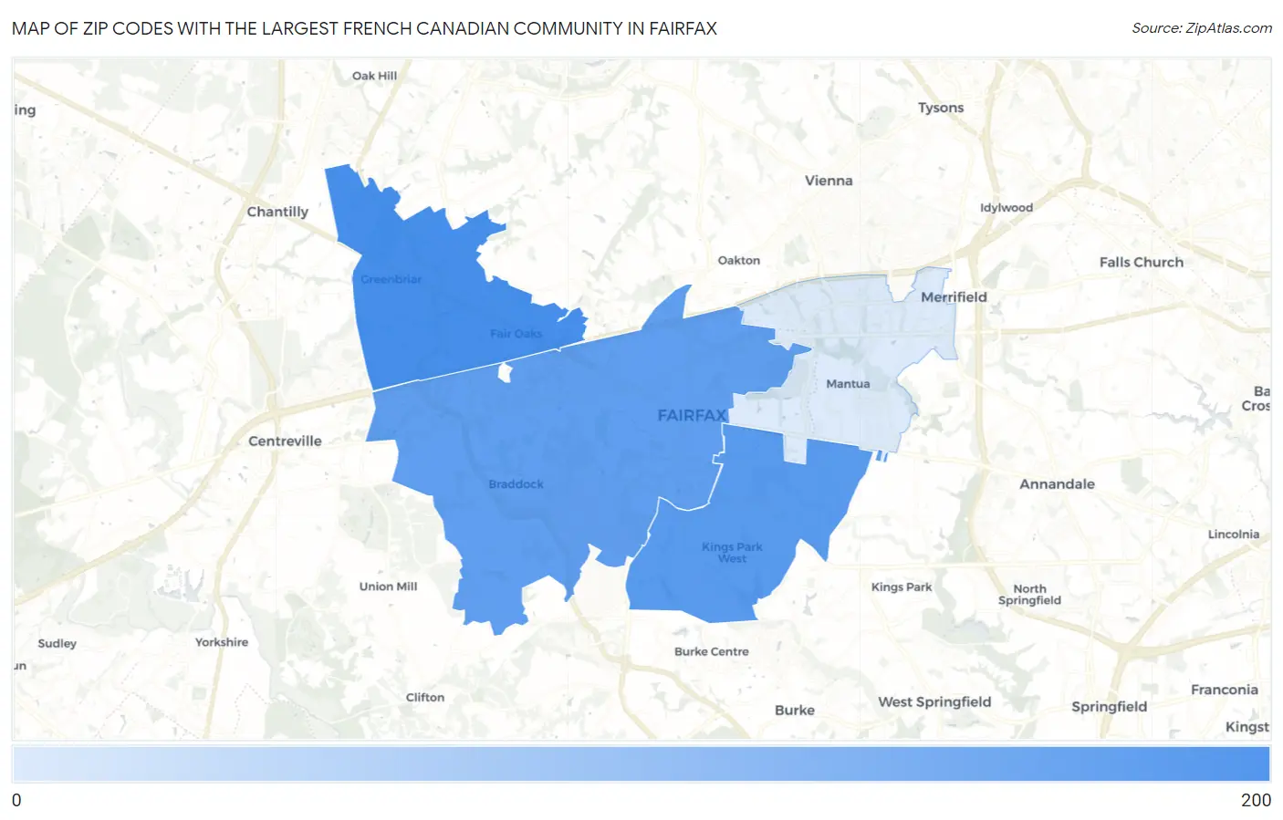 Zip Codes with the Largest French Canadian Community in Fairfax Map