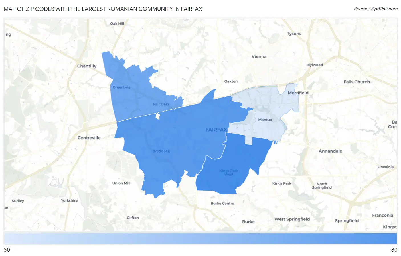 Zip Codes with the Largest Romanian Community in Fairfax Map
