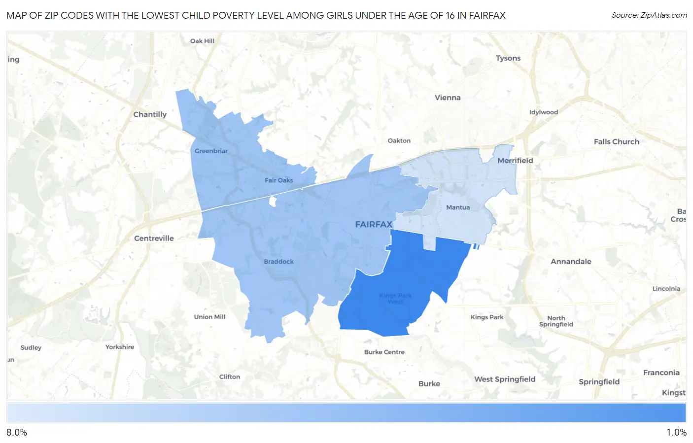 Zip Codes with the Lowest Child Poverty Level Among Girls Under the Age of 16 in Fairfax Map