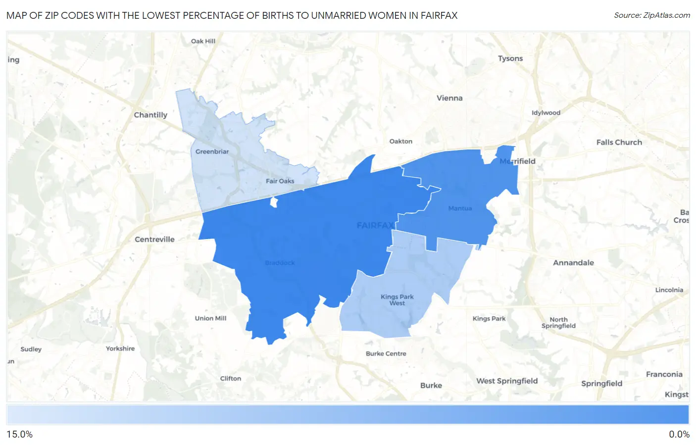 Zip Codes with the Lowest Percentage of Births to Unmarried Women in Fairfax Map