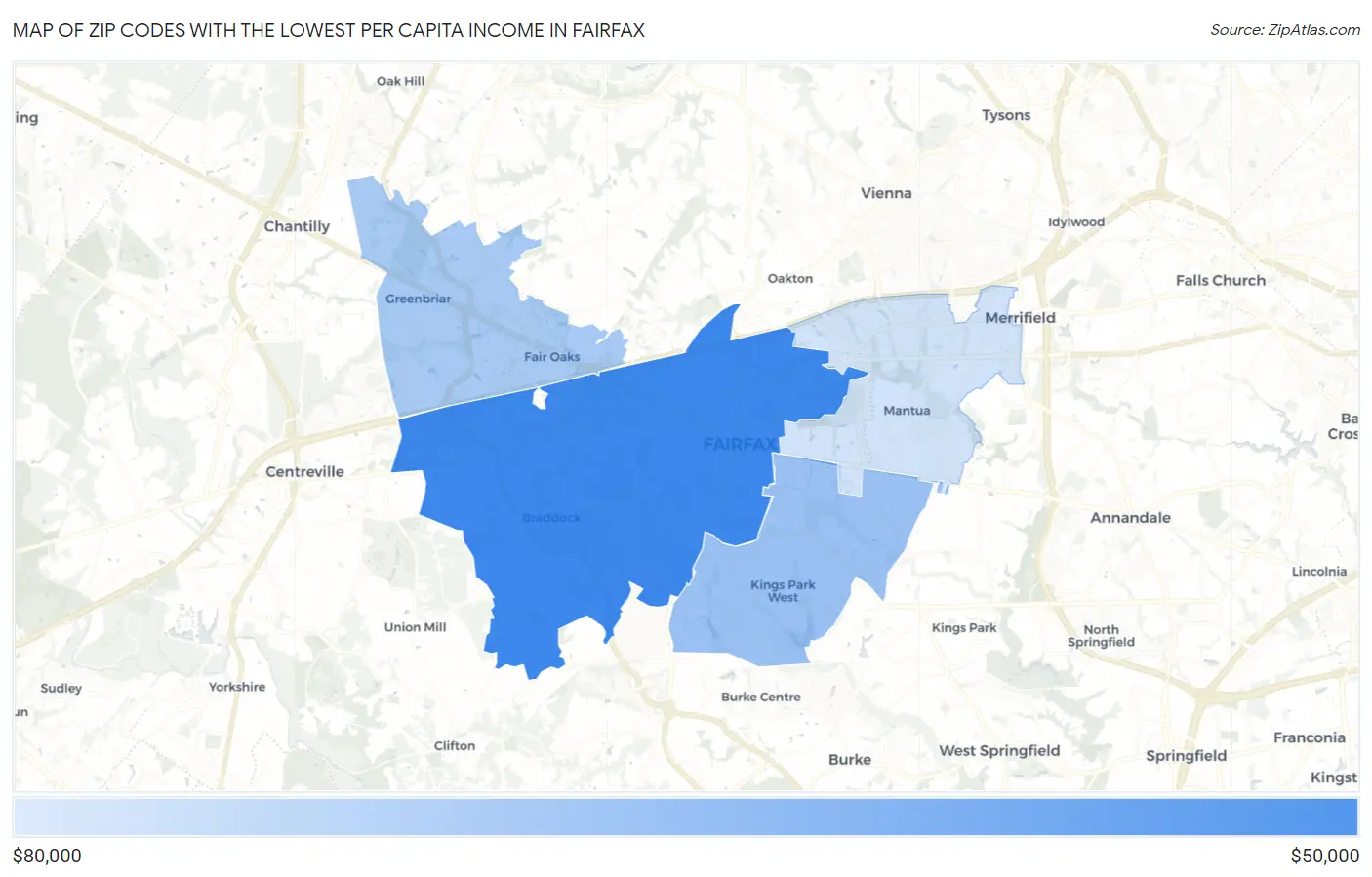 Zip Codes with the Lowest Per Capita Income in Fairfax Map