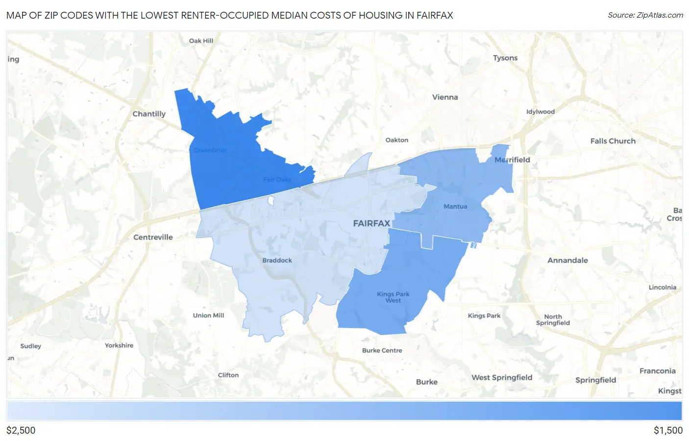 Zip Codes with the Lowest Renter-Occupied Median Costs of Housing in Fairfax Map