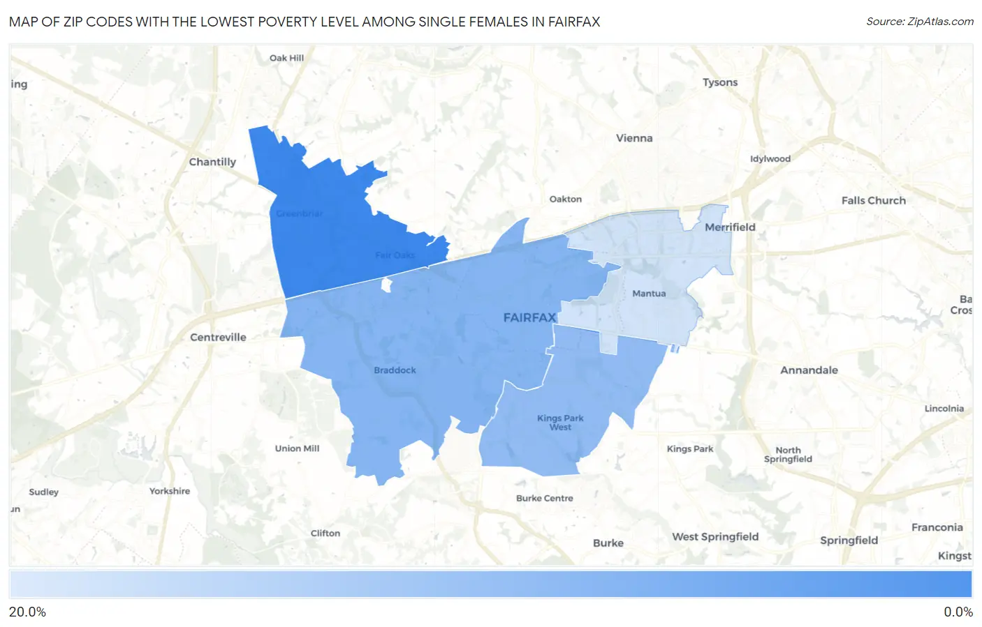Zip Codes with the Lowest Poverty Level Among Single Females in Fairfax Map