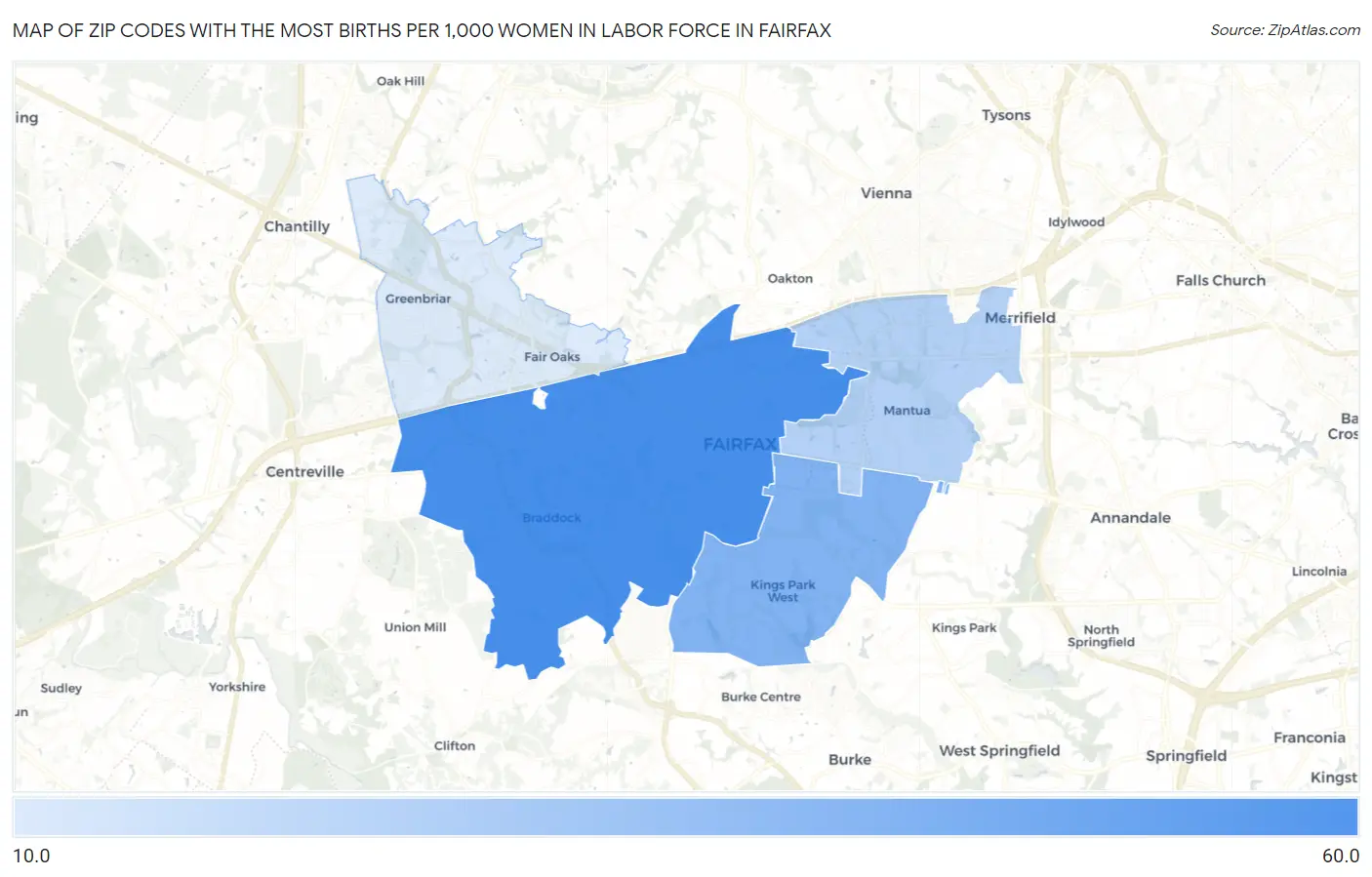 Zip Codes with the Most Births per 1,000 Women in Labor Force in Fairfax Map