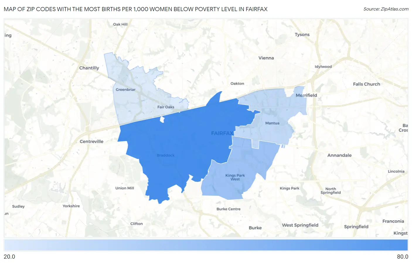 Zip Codes with the Most Births per 1,000 Women Below Poverty Level in Fairfax Map