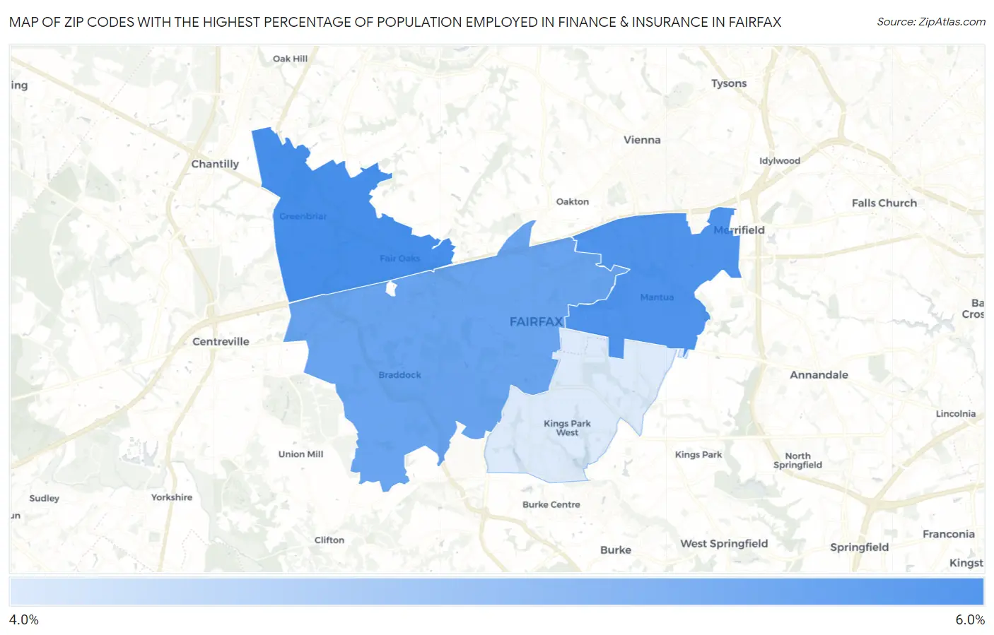 Zip Codes with the Highest Percentage of Population Employed in Finance & Insurance in Fairfax Map