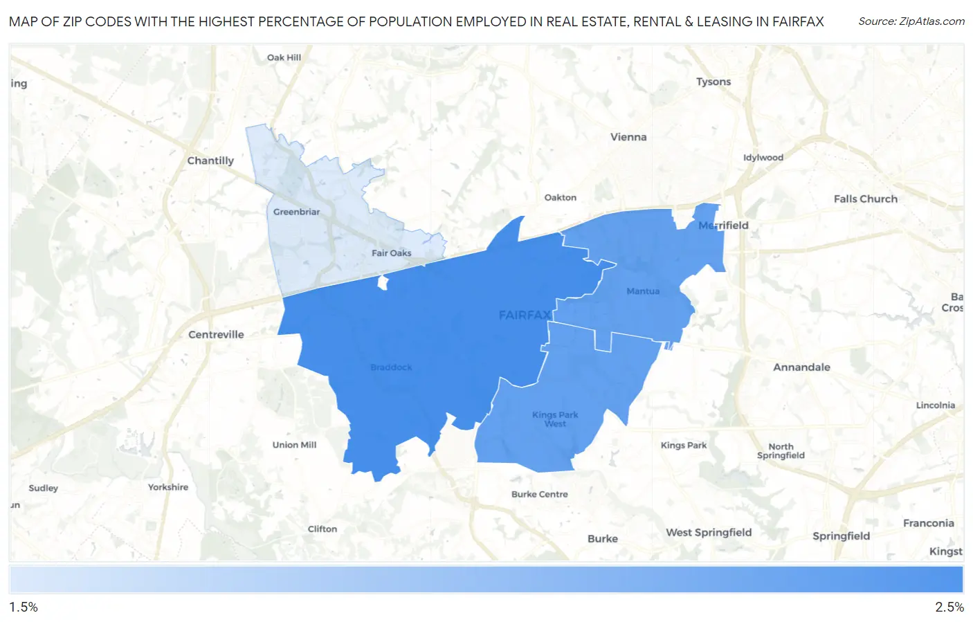 Zip Codes with the Highest Percentage of Population Employed in Real Estate, Rental & Leasing in Fairfax Map
