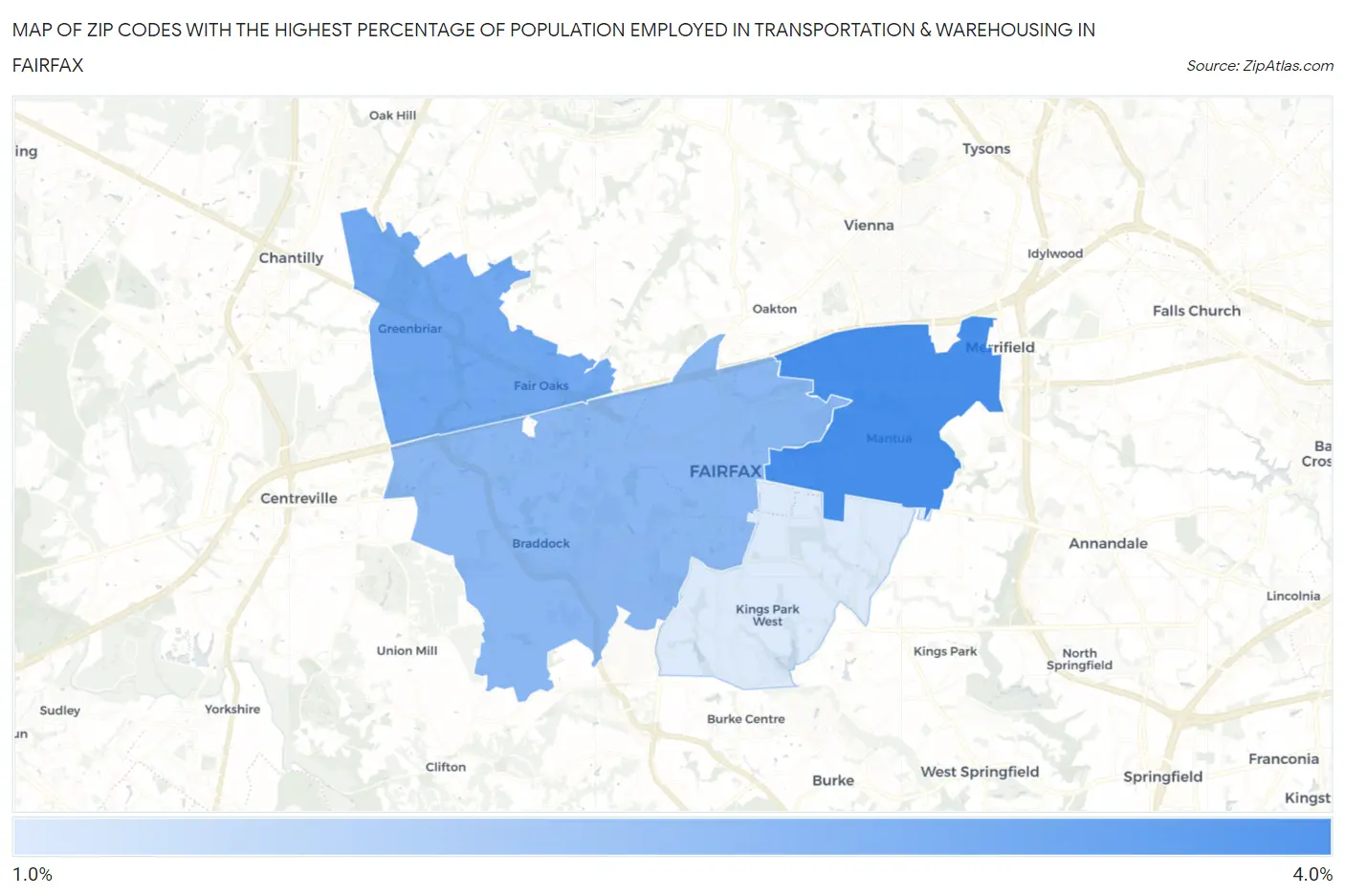Zip Codes with the Highest Percentage of Population Employed in Transportation & Warehousing in Fairfax Map
