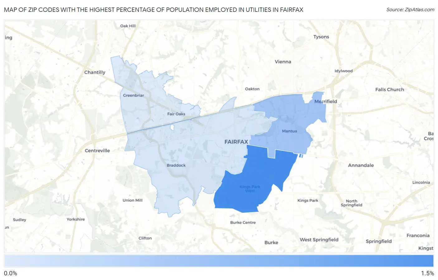 Zip Codes with the Highest Percentage of Population Employed in Utilities in Fairfax Map