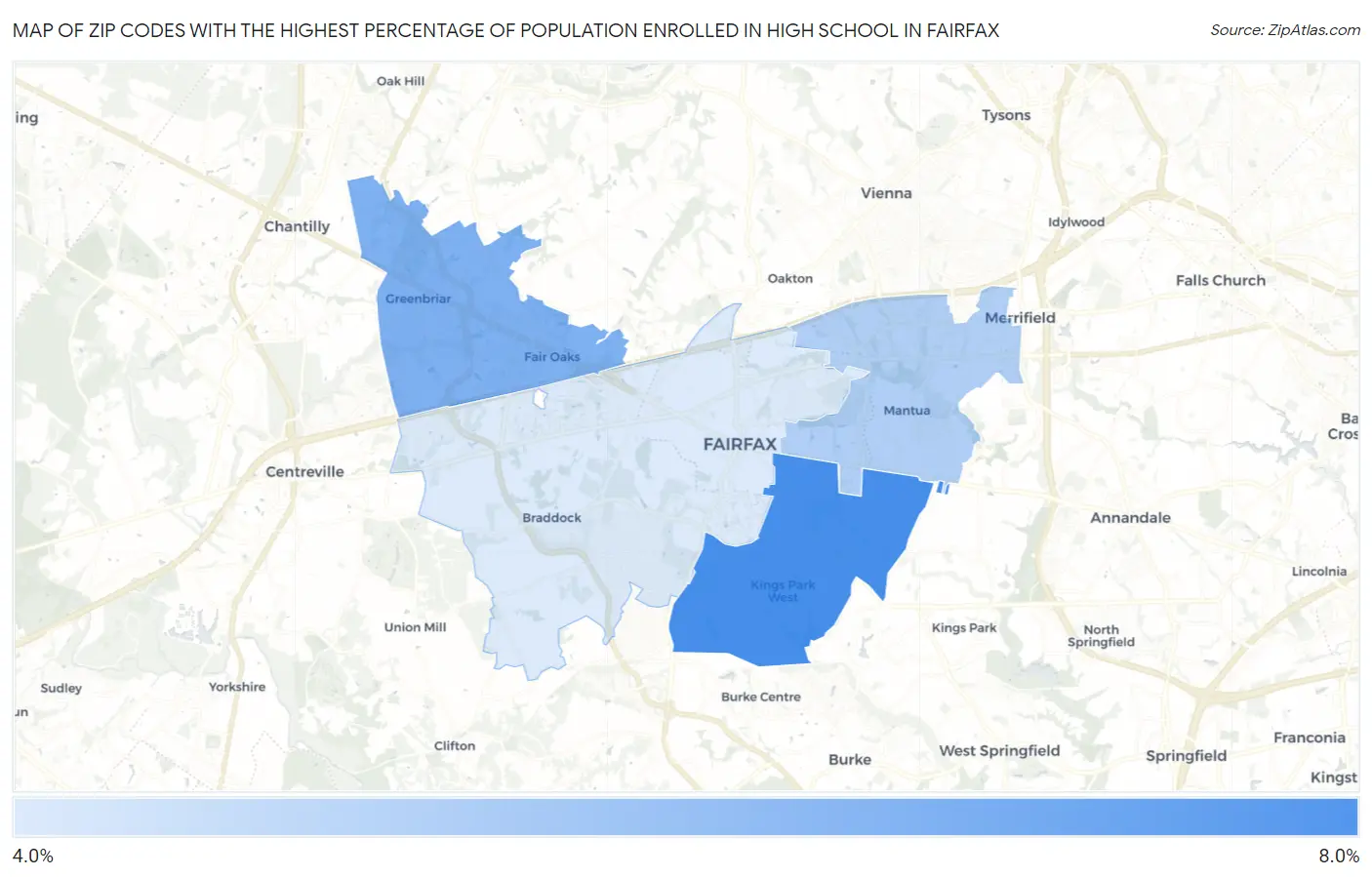 Zip Codes with the Highest Percentage of Population Enrolled in High School in Fairfax Map