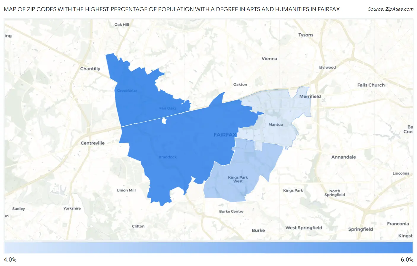 Zip Codes with the Highest Percentage of Population with a Degree in Arts and Humanities in Fairfax Map