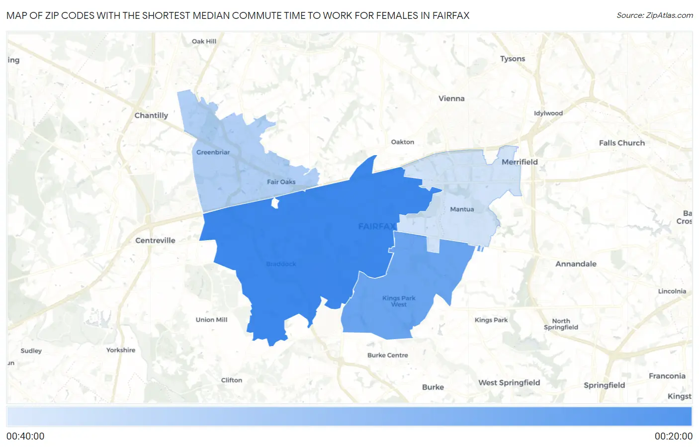 Zip Codes with the Shortest Median Commute Time to Work for Females in Fairfax Map
