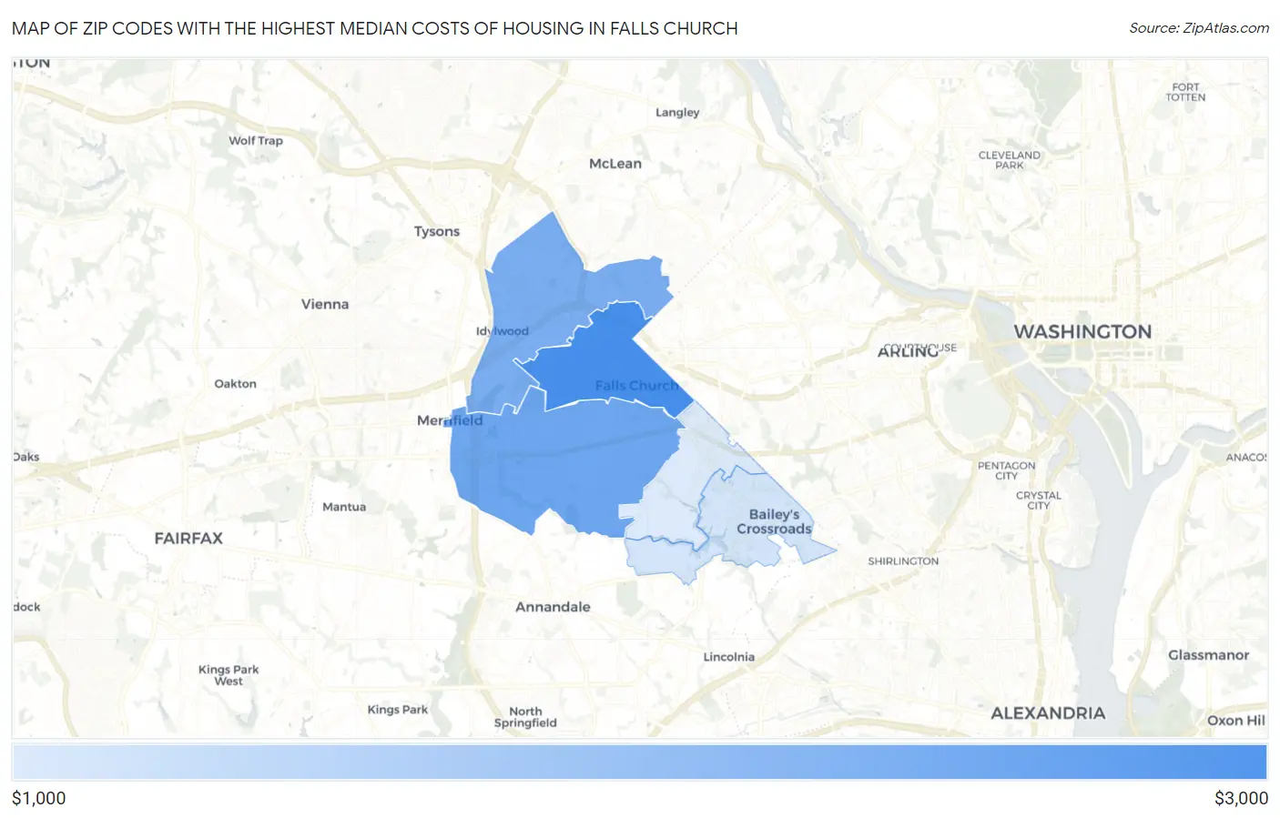 Zip Codes with the Highest Median Costs of Housing in Falls Church Map