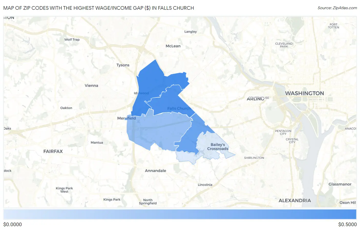 Zip Codes with the Highest Wage/Income Gap ($) in Falls Church Map