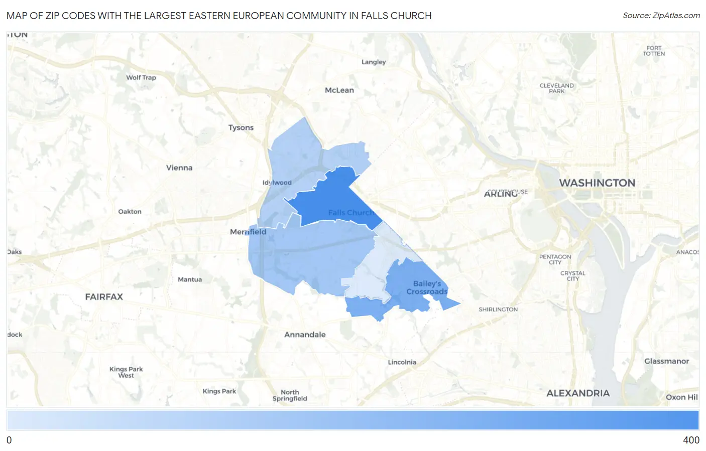 Zip Codes with the Largest Eastern European Community in Falls Church Map