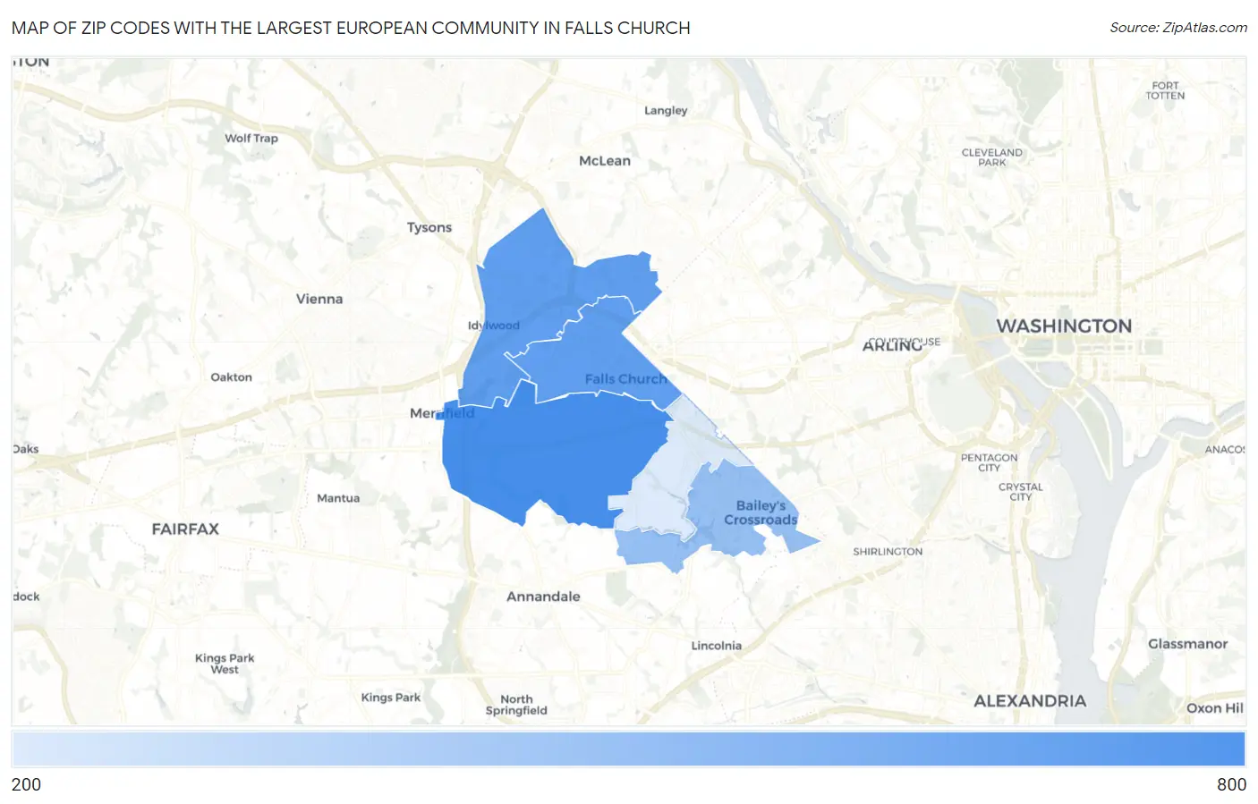 Zip Codes with the Largest European Community in Falls Church Map